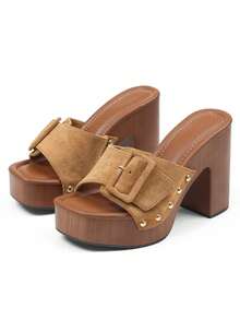 Women's Platform Chunky Heels Sandals Open Toe High Block Heeled Slipper Dress Casual Beach Vacation Slip On Slides Mules - Kaki Da Lộn - Xem 6
