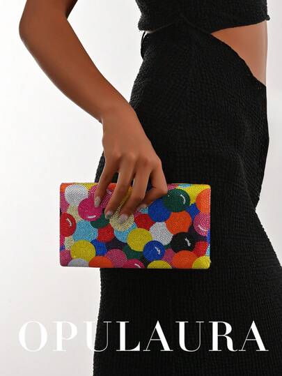 OpulAura 闪亮彩色气球图案水晶装饰派对手拿包，欧美设计，明亮的夏日色彩，完美适用于派对、婚礼、舞会、晚宴/宴会，可搭配婚纱、晚礼服、生日礼服