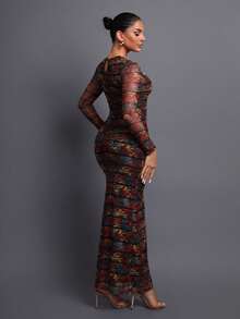 优雅印花镂空网纱女士晚礼服，适合派对、正式晚宴、时尚活动、摄影、夜间活动、婚礼度假派对等场合。 - 棕色 - 查看 3