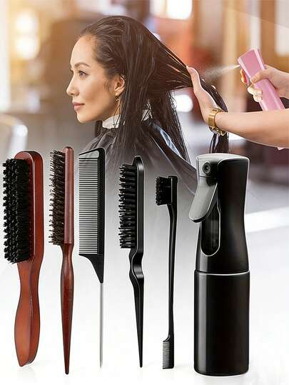 Juego de 5/6 cepillos para peinado con botella de spray de 200ml, cepillo de cerdas de jabalí, cepillo para barba, peine de cola de rata, cepillo de bordes, herramientas de peluquería para alisar, rizar, brillo y textura, accesorios esenciales para el salón y el viaje
