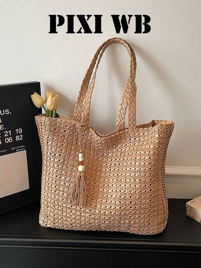 Large-Capacity Straw Bag For Women, New Tassel Woven Beach Bag, Suitable For Vacation And Commuting, Shoulder Tote Bag, Solid Khaki Color, Large Internal Capacity, Spacious Bag, Small Decorative Hanging Accessory, Straw Woven Hollow Design, Elegant Women's Handbag, Carry Handle And Shoulder Strap, Smooth Hardware Zipper