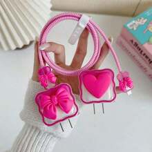 Cute Bowknot Cable Protection 5pcs Protective Case Compatible With Apple 20W Charger With 3D Cute Bowknot Charger Head And Phone Cable Protector Compatible With IPhone 16/15/14/13 Charger Adapter Soft Shell Anti-Scratch Cover Charger Protector Mother's Day Birthday Gift - Hot Pink - View 4