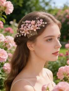 1pc Handcrafted Crystal & Alloy Leaf & Flower Bridal Hair Comb, Wedding Hair Accessory For Women, Hair Comb, Headpiece,Summer,Holiday,Travel - 63406 Pink - View 4