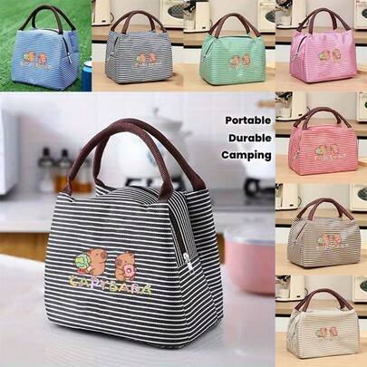 Cartoon Capybara Muster Tragetasche, gestreifte isolierte Lunch-Tasche, Strick-Liebhaber Werkzeugtasche, Büro-Mitarbeiter Schüler Lunchbox, Outdoor Picknick-Tasche. Große Kapazität Multi-Pocket isolierte Handtasche geeignet für Pendeln, Kinderbetreuung, Schule, Outdoor-Picknick, Transport von Strickwerkzeugen, Reisen und Einkaufen.