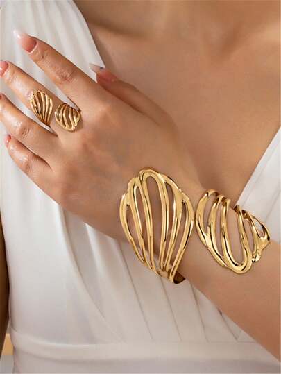 2 peças/Conjunto Europeu e Americano Criativo Conjunto de Joias de Pulseira e Anel com Formato de Folha Oca, Versátil e na Moda para Festa e Casamento