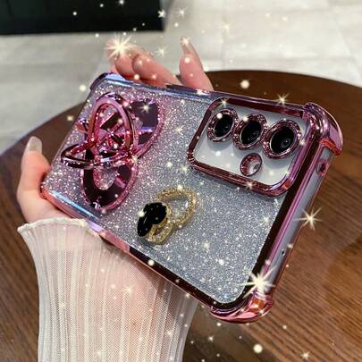 1pc Luxury Glitter Heart-Shaped Ring Holder Shockproof Phone Case, Heart-Shaped Holder Embedded With Sequins And Electroplated Edges, Suitable For IPhone 17 Pro Max/16 Pro Max/15/14 Pro/13/12/11/XR/XS Max/8/7/6 Plus/SE2 3, Galaxy S26 S25 Series, Galaxy A Series, Note Series, A Series, Honor X Series, Magic Series