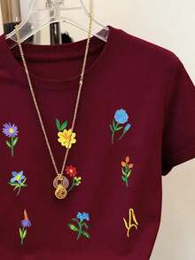 Summer Topssummer TopsResyla Floral Embroidery Design Women's Regular Fit Short Sleeve Round Neck T-ShirtLoose And Comfortablesummer Tops  Summersummer Outfits For Women Spring Outfits For Women - 勃根地 2 - 查看 3