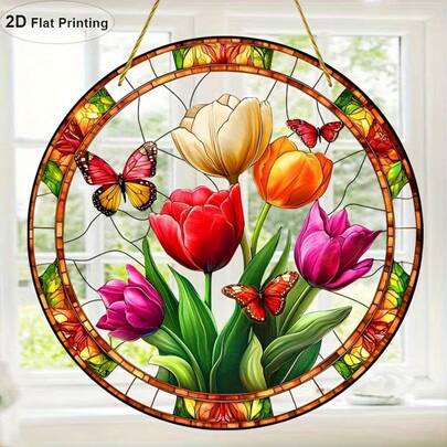 2D Flat Printed, 1pc 2D Flat Tulip & Butterfly Suncatcher, Acrylic Painted Window Hanging Decor, Spring Garden Decoration, Durable Home Decor, Cafe/Club/Wedding Decoration, Ideal Gift For Girlfriend