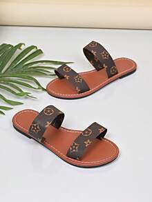 French Retro Style Printed Slide Sandals, Double Strap Flat Design, Non-Slip Breathable Commuting & Vacation Popular Women Shoes - Black - View 7