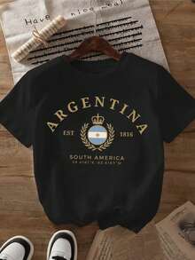 Comfortable ARGENTINA Casual Women's Round Neck T-Shirt - Black - View 1