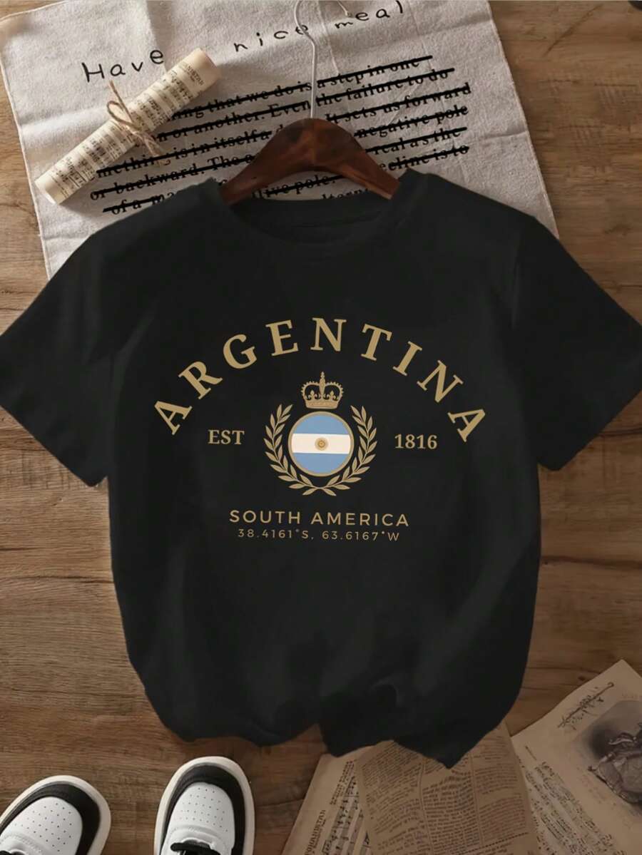 Comfortable ARGENTINA Casual Women's Round Neck T-Shirt - Black - View 1
