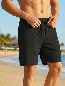 Men's Hawaiian Style Beach Pants, Coconut Tree Print Swimming Pants, Drawstring Waist, Single-Layer Unlined Vacation Beach Casual Pants - 黑色 - 查看 2