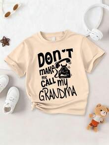Girls' Casual Printed Round Neck Short Sleeve T-Shirt, With Telephone And "Don't Make Me Call Grandma" Slogan, Soft And Comfortable, Suitable For School, Outings And Leisure Wear In Spring And Summer - Apricot - View 4
