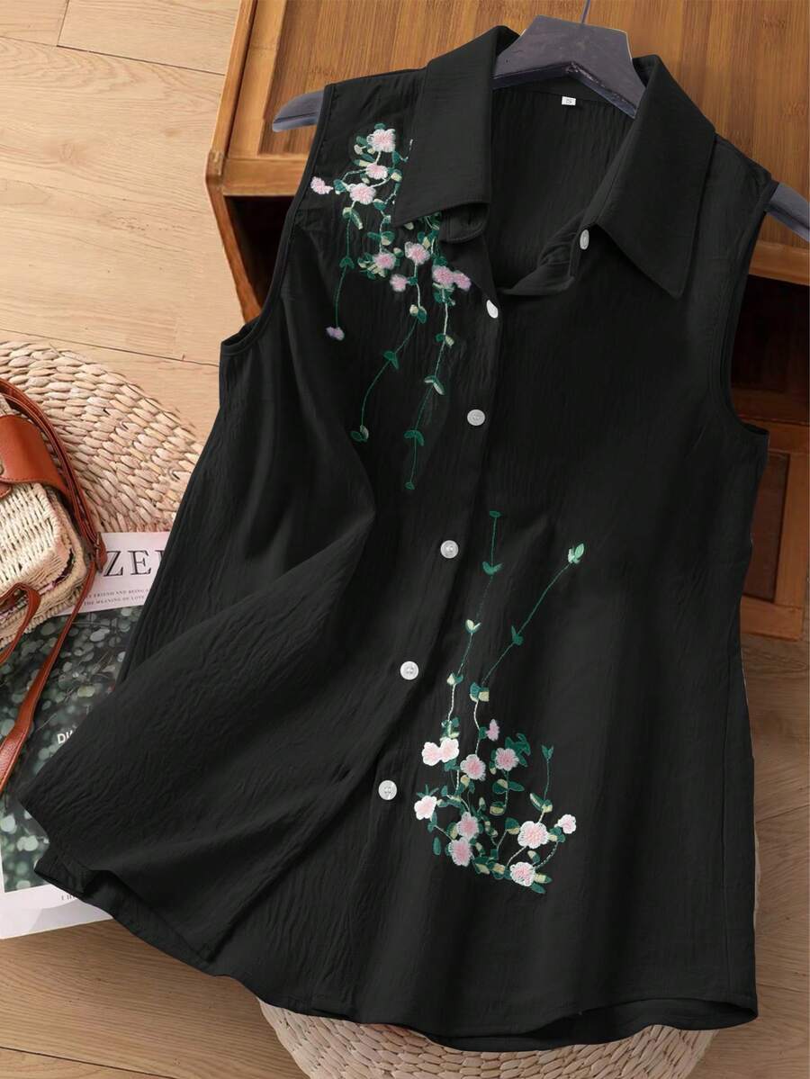 Casual Embroidered Top Shirt Black Summer - Black - View 1