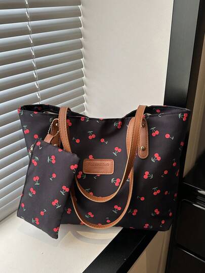 1 Set Quilted Zipper Closure Canvas Printed Tote Bag, High-Quality Fashion Shoulder Bag, Large Capacity Daily Commute Tote Bag, Suitable For College Students, Casual Outings, Shopping, Cherry Sweet Style Handbag, Suitable For School, Short Trips, Office Work, Dates, Shopping And Gifting