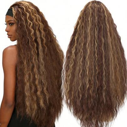 32 Inch Super Long Wavy Headband Wigs For Black Women Highlight Brown Wig Put On And Go Glueless None Lace Front Synthetic Hair Heat Resistant Fiber For Cosplay Daily Use