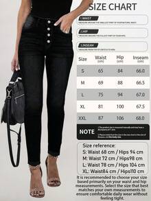 Women's Button Front Pocket Elastic Skinny Jeans Casual Black Spring - Black - View 7