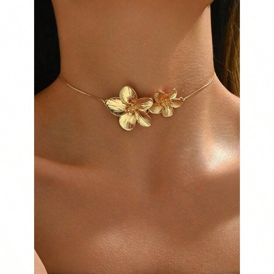 1pc Adjustable Elegant Golden Flower Design Necklace, Lightweight Charming Jewelry Suitable For Daily, Beach, Party Wear And Gift For Friends Valentines,Mom,Mother,Mother's Day,Gift - Vàng - Xem 1