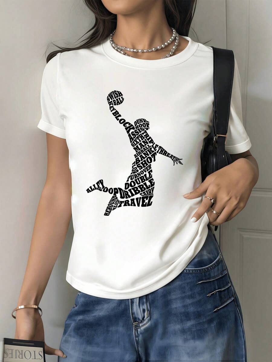 Figura compuesta por palabras inspiradas en movimientos y energía del baloncesto que simboliza pasión y dinamismo en cada salto camiseta de mujer casual moderna 220g - Blanco - Ver 1