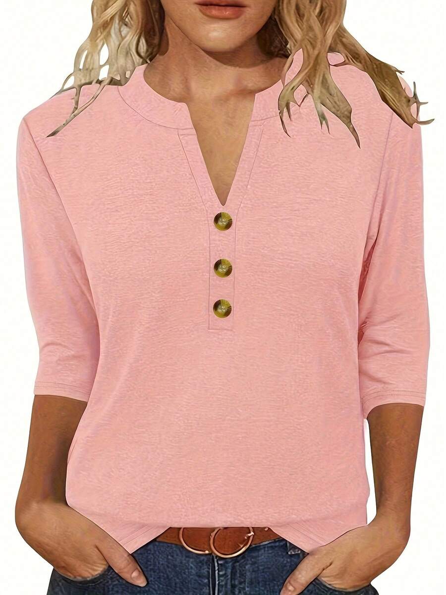 Kaos Wanita Lengan 3/4 Leher V, Kain Rajut dengan Detail Kancing, Atasan Panjang Standar - Cocok untuk Pakaian Kasual dan Pakaian Rumahan Musim Semi/Panas, Warna Pink