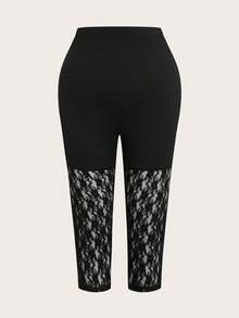 Plus Size Women Solid Color Lace Patchwork Leggings, Versatile Daily Wear Black Summer - Black - View 2