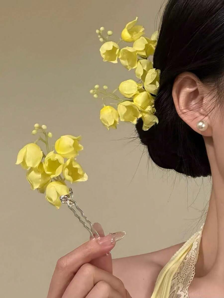 1pc 2026 New Early Spring Floral Hair Clip, Vacation Style Photo Prop - Yellow Lily Of the Valley Flowers - View 1