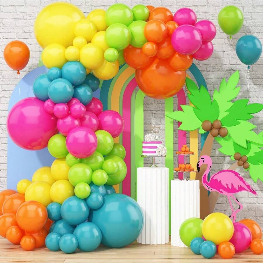 141 piezas Juego de arco y guirnalda de globos con estilo tropical de verano, en colores rosa intenso, verde lima, naranja, azul pizarra, amarillo y arcoíris de látex para decoración de fiesta hawaiana, luau, cumpleaños, baby shower o fiesta en la piscina - Ver 1