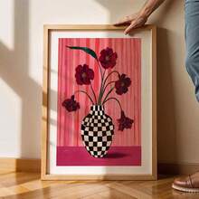 1pc Floral Checkered Vase Print: Berry Pink Wall Decor, Suitable For Home Decor, Room Decor, Bedroom Decor, Living Room Decoration, Bathroom Decor, Wall Decor, Optional Wall Art With Frame. - Multicolor - View 5