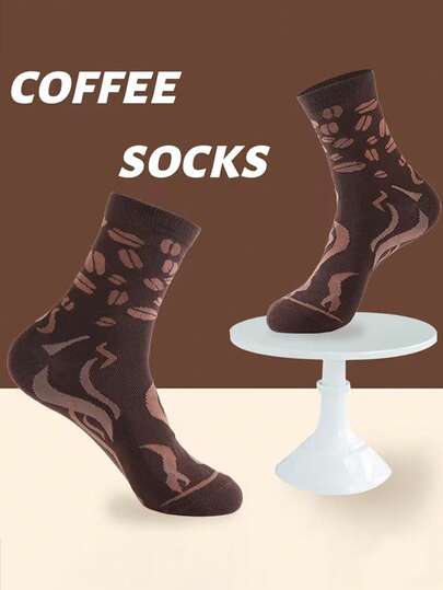 1 Pair Men's Mid-Calf Socks, Coffee Themed Pattern Design, Creative Fashion Personality, Thin Breathable Comfortable Moisture-Wicking Socks, Suitable For Sports, Casual, Street Style, Daily Wear