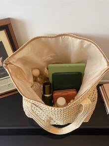 新款纯色编织耐用轻便便携经典休闲时尚多功能舒适大容量手提包，适合购物、旅行、度假及各种场合。 - 彩色 - 查看 6