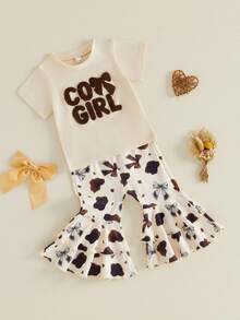 Conjunto de verano de 2 piezas para niña pequeña estilo vaquera: camiseta de manga corta con lazo y letras bordadas y pantalones acampanados con estampado de manchas de vaca. - Albaricoque - Ver 4