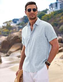 Mens Short Sleeve Linen Shirts Button Down Casual Summer Beach Tops For Daily Commute - màu xanh nhạt - Xem 3