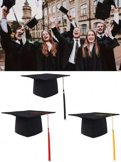 1顶男女通用学士、硕士、博士毕业帽，带流苏，采用轻质涤纶材料制成，透气舒适，适合毕业典礼、派对装饰、毕业纪念品、化装舞会、摄影道具等。