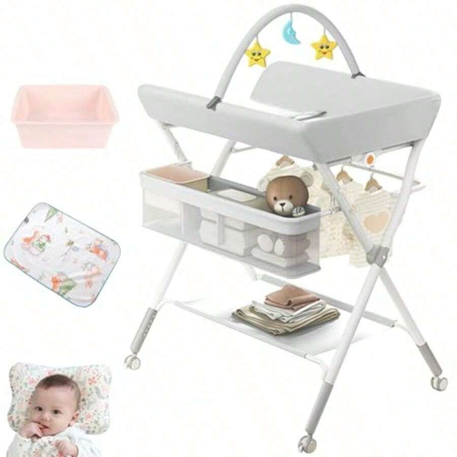 Mueble Cambiador para Bebe Impermeable Portátil Plegable Cambiador de Pañales para Bebe Con 5 niveles de ajuste de altura con Alenamiento XXL Portajuguetes Integrado Ruedas Silenciosas. - Gris - Ver 1