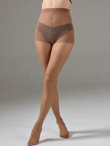 1双女士15旦尼尔超薄透明丝袜，极简透明连裤袜 - 咖啡棕 - 查看 2