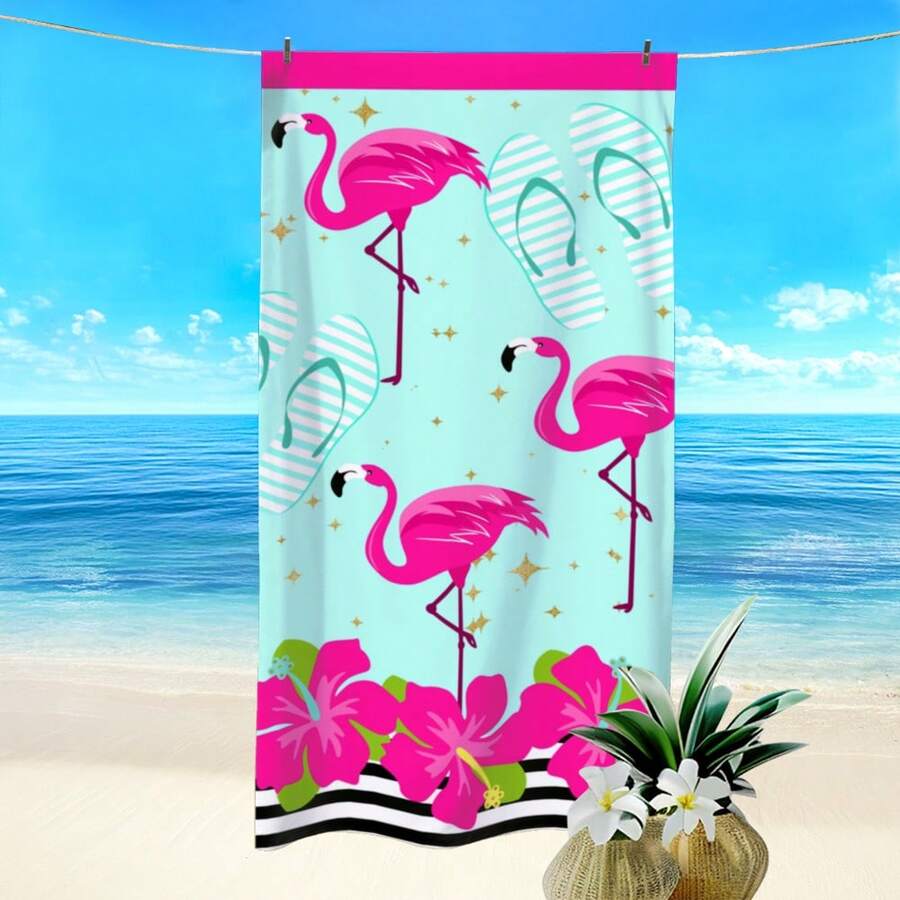 1pc Flamingo & Floral Print Beach Towel, Super Absorbent Quick Dry Towel For Swimming, Beach, Outdoor, Camping, Travel, Ideal Beach Essential