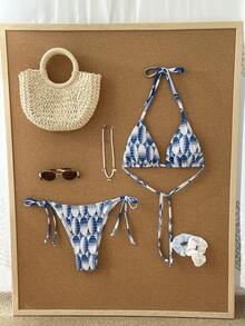 Bộ bikini mùa hè gợi cảm phiên bản giới hạn màu xanh dương và trắng - Áo tam giác có thể điều chỉnh + Quần cạp thấp buộc dây bên hông với họa tiết hình học và chi tiết xếp ly, kiểu dáng áo tắm đi nghỉ mát biển. - Màu xanh lam - Xem 4