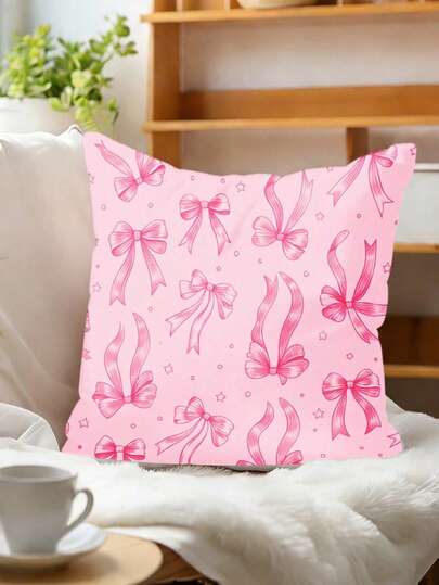 1件可爱粉色蝴蝶结高亚麻粉色俏皮蝴蝶结抱枕套，美观丝带星星装饰抱枕套 18x18英寸 豪华客厅装饰