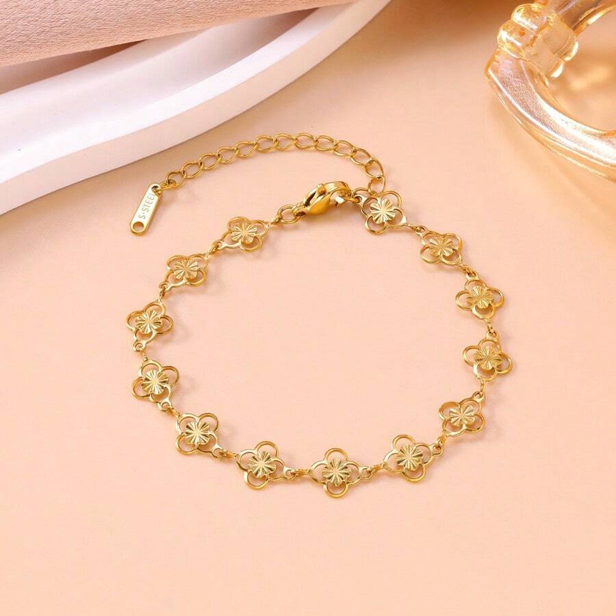 1pc Women's Minimalist Lightweight Hollow Flower Chain Bracelet, Elegant Everyday Jewelry - Openwork Flower Bracelet - View 1
