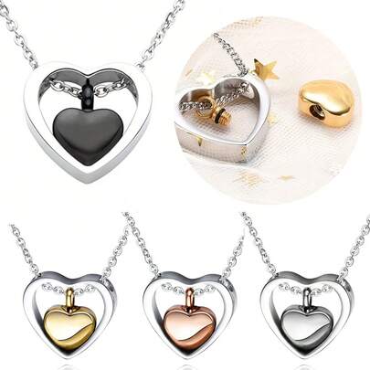 Double Heart Cremation Urn Necklace For Human Pet Stainless Steel Ash Holder Urn Cremation Jewelry For Ashes