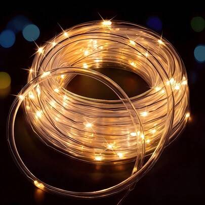 Đèn dây LED năng lượng mặt trời dạng ống, ánh sáng trắng ấm/trắng/nhiều màu tùy chọn, chất liệu PVC trong suốt dẻo, 8 chế độ chống nước IPX4, thích hợp trang trí sân vườn dịp lễ.
