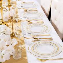 50个透明金色圆形餐盘（可重复使用），简约优雅，可用作水果盘、沙拉盘、派对餐盘、桌面装饰，可清洗、可堆叠、节省空间、可重复使用，适用于：生日、婚礼、户外野餐、家庭聚会、节日庆典、校园派对、圣诞节、感恩节、母亲节、情人节 - 彩色 - 查看 6