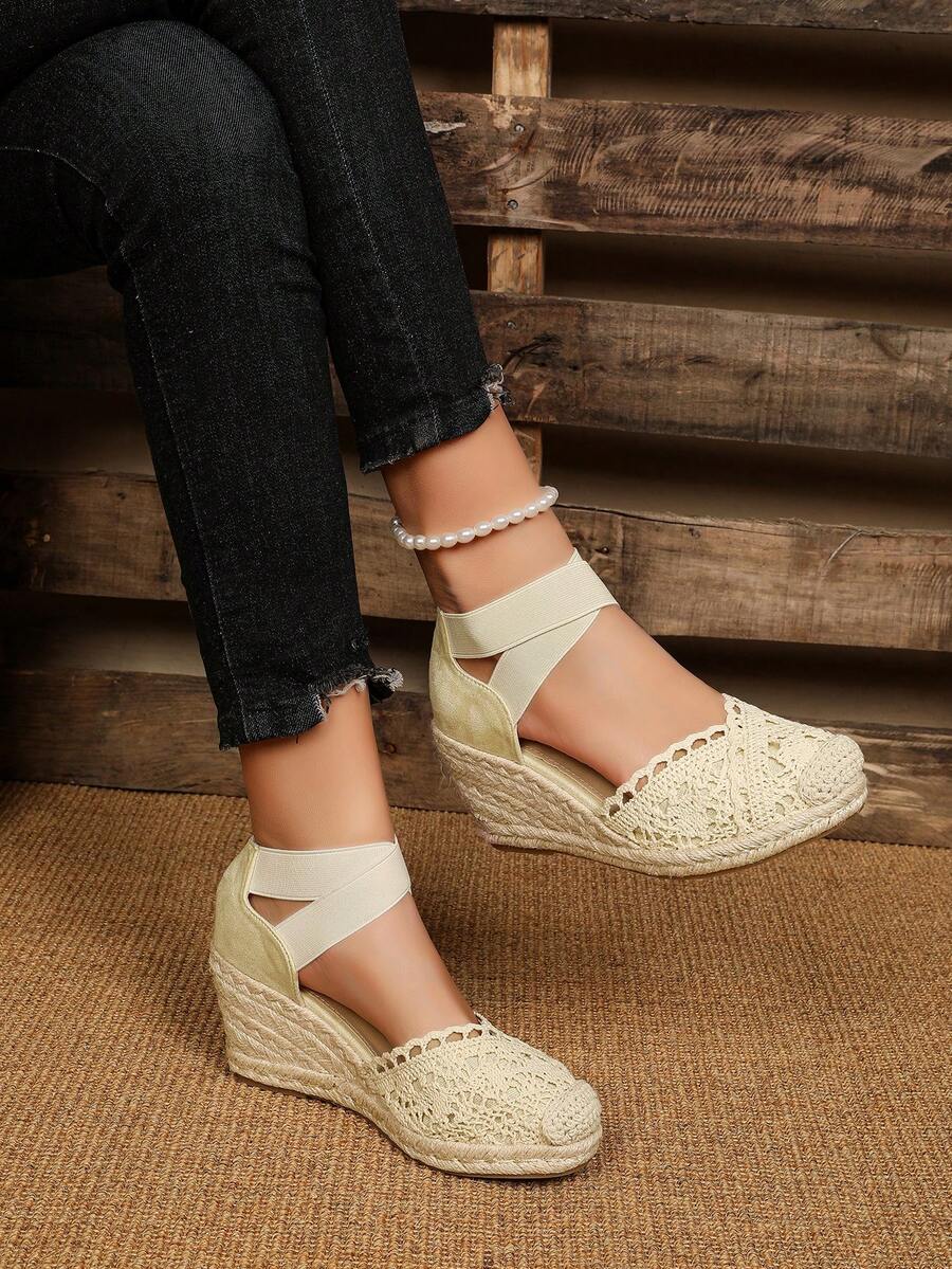 Women's Criss-Cross Elastic Mesh Floral Velvet Linen Rope Casual Wedge Shoes