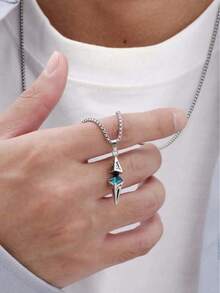 1pc/Fashion Unisex Blue Stone Pendant Necklace With Stainless Steel Chain, Geometric Design, Perfect As A Boyfriend/Girlfriend Gift, Party Accessory, Summer Fashion Essential - Multicolor - View 4