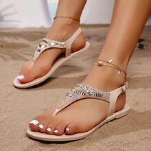 Dép xăng đan đế bằng kiểu Bohemian đính đá cho nữ, quai hậu, đa năng cho mùa xuân/hè đi biển. - Màu be - Xem 2