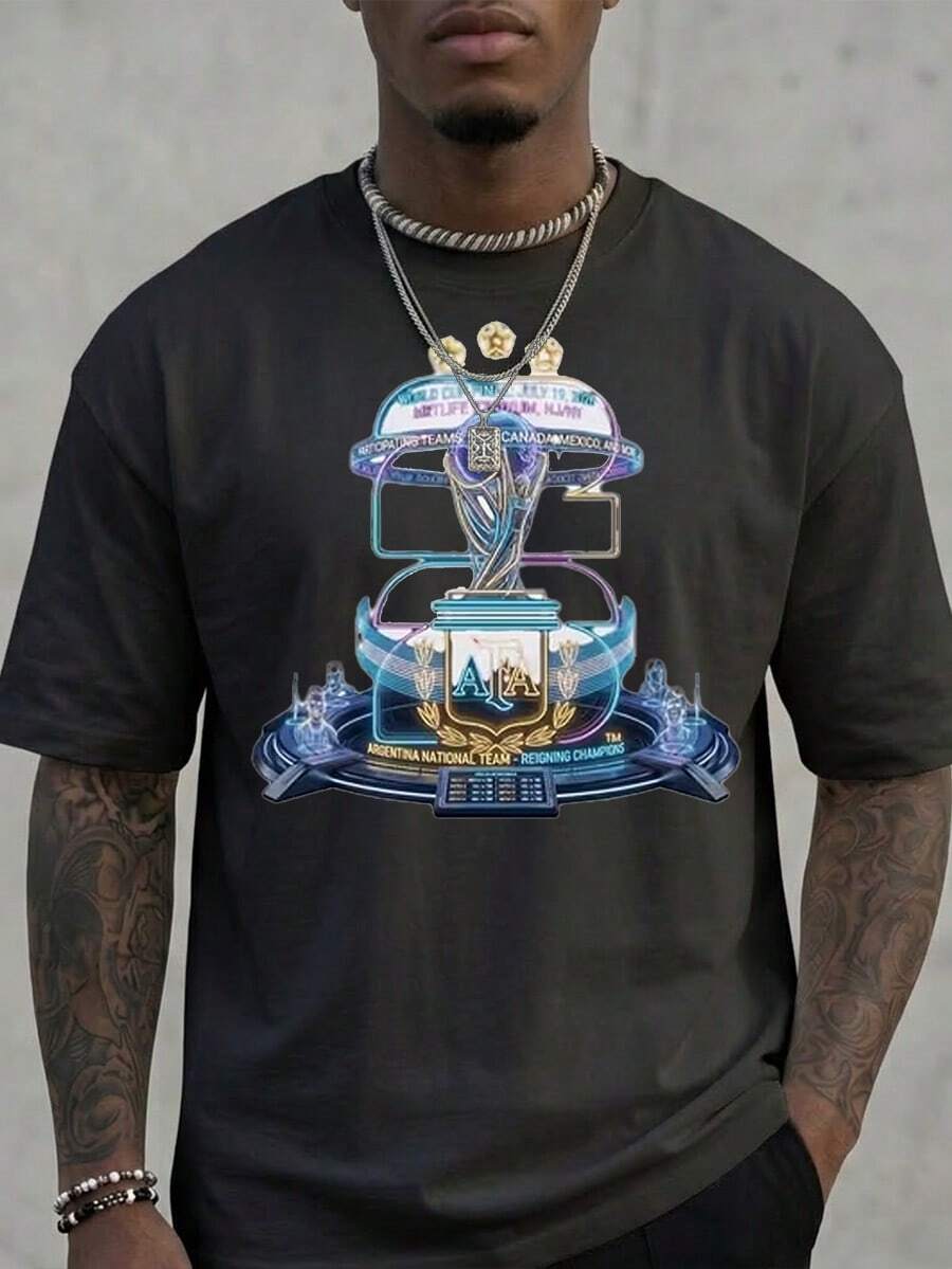 Men's FIFA World Cup Themed Graphic Print T-Shirt - 100% Pure Cotton, Breathable & Comfortable, Essential Item For Cheering On Your Favorite Team - màu đen - Xem 1