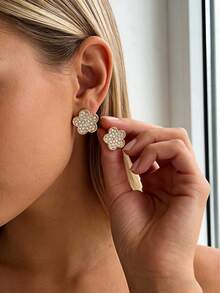 一对奢华花卉全镶钻耳环，欧美风格优雅耳环 - 金黃色 - 查看 4