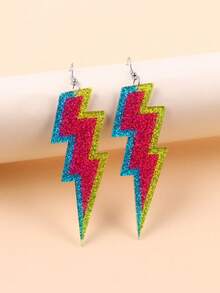 2件套时尚几何圆形、矩形、闪电形亚克力长耳环，女士款 - 藍玫紅黃 - 查看 2