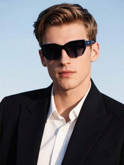 1pc Men's Fashion Polygon Cat Eye Semi-Rimless Fashion Glasses, Minimalist Versatile Design With Hollow Temples, Suitable For Business, Commute, Driving And Outdoor Use In Summer