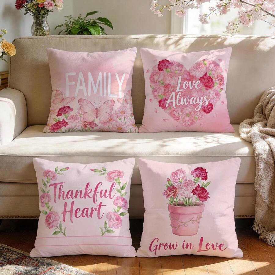 4件套水彩粉色花卉康乃馨爱心文字印花抱枕套，100%涤纶绒面料，单面印花，适用于客厅、沙发、卧室装饰，尺寸：40x40厘米/45x45厘米/50x50厘米，不含枕芯 - 水彩粉紅花卉康乃馨愛心文字圖案插畫 - 查看 1